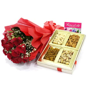12 Red Roses with Dry Fruits n Greeting Card